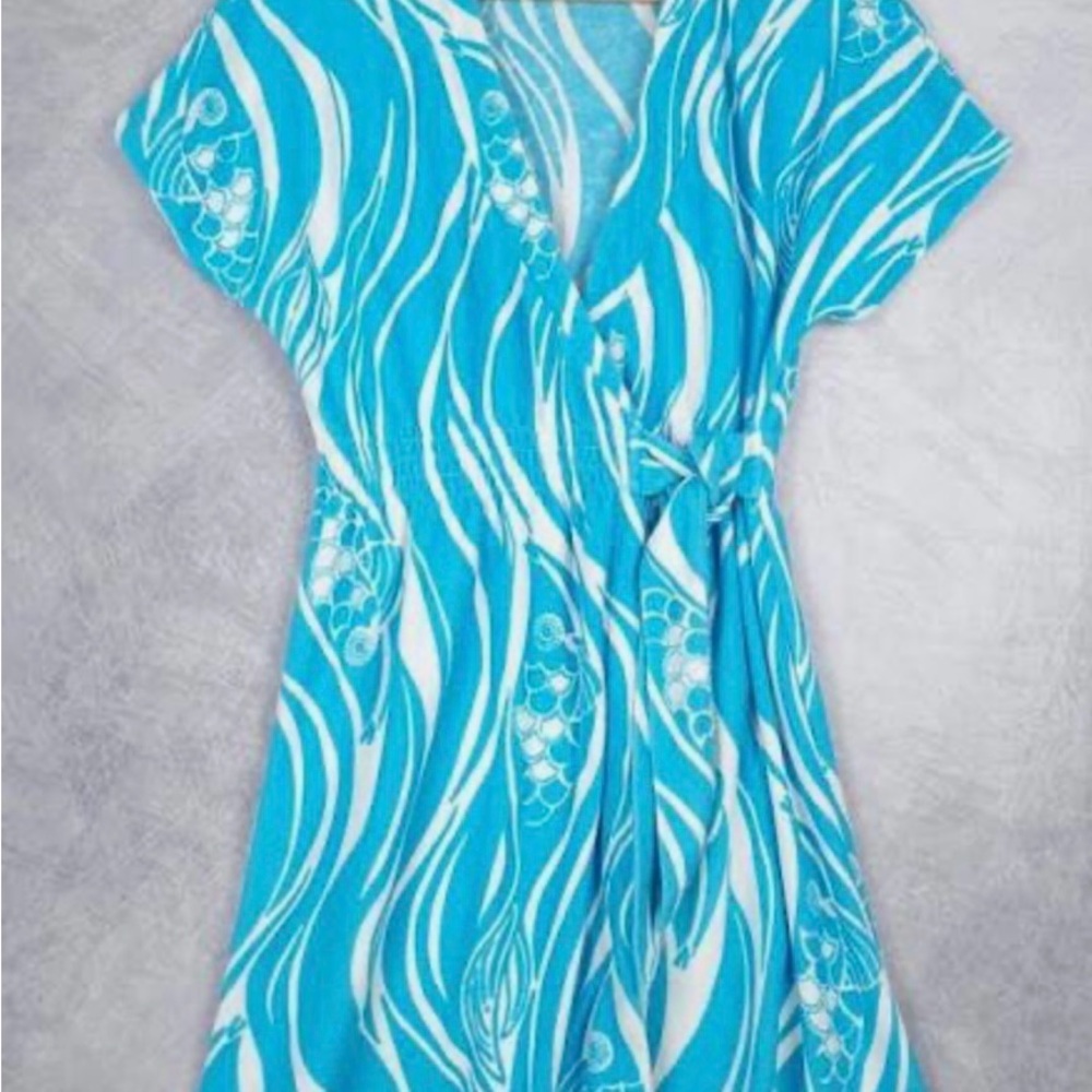 NWOT LILLY PULITZER Terry cloth wrap dress, large L blue white, swim coverup
